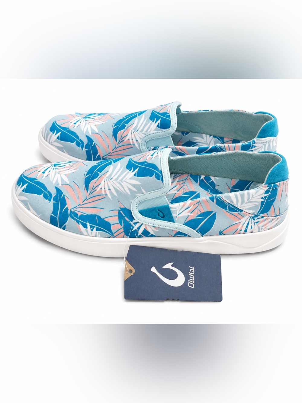 OluKai Kids Slip-On Tropical Leaf Print in Light Blue, Pink and White